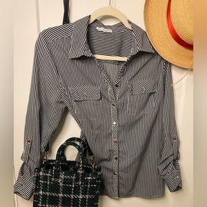 Notations Black White Button Down Blouse Medium